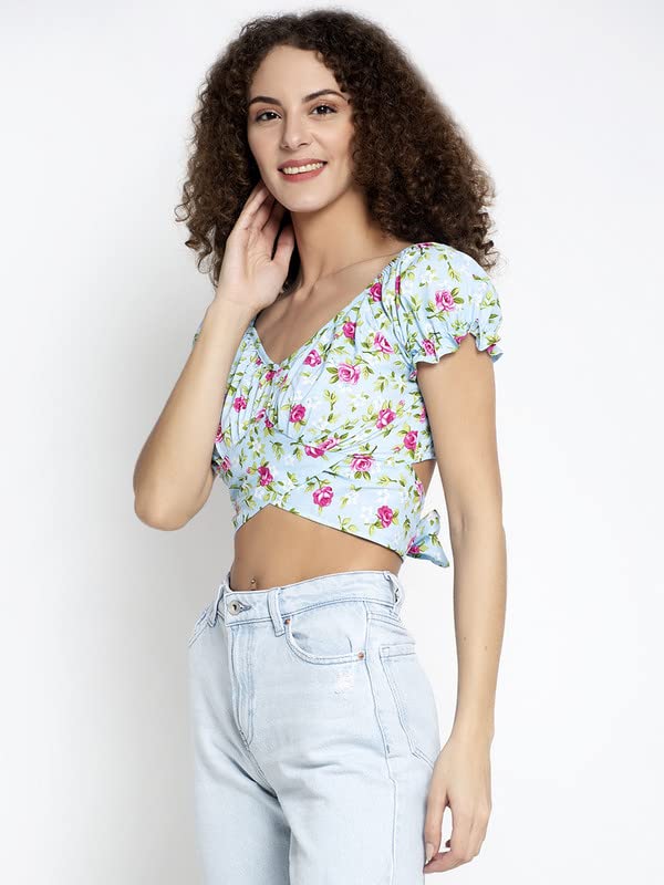 Image of ELEVANTO Women's Ruffle Stylish Short Sleeve Tie Up Back Crop Top Off Shoulder Bardot Blouse /Tops for Summer