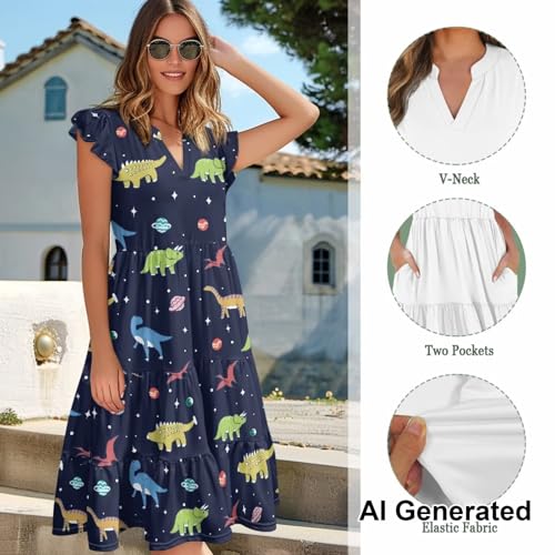 Image of Womens Summer Dress Ruffle Sleeve V Neck Dress Casual Fit Flowy Beach Vacation Sundress with Pocket S-2XL