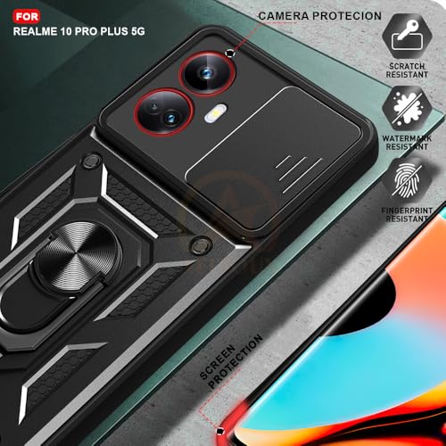 Image of Armor Bumper Back Cover Case for Realme 10 Pro Plus 5G Rotating Camera Cover, Ring Holder & Kickstand | Heavy Duty & 360 Degree Protection Realme 10 Pro Plus 5G Back Cover (Black)