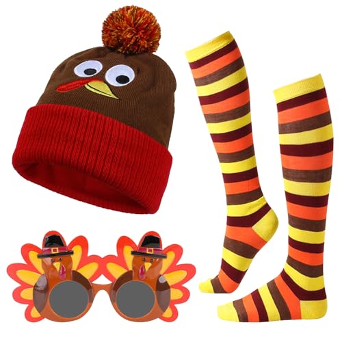 Image of Huaerle 3 Pcs Thanksgiving Turkey Costume Set,Turkey Trot Costumes Accessories,Thanksgiving Turkey Costumes,Including Over Knee Striped Socks and Hats for Women Men Adult Fall Cosplay