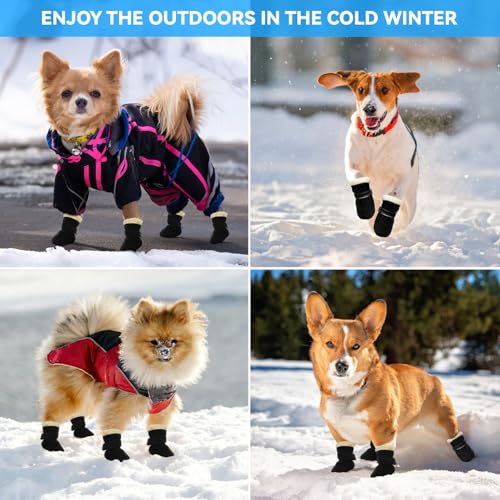 AIEDECOPT 4 Stück Hundeschuhe Pfotenschutz, Hundeschuhe Winter Anti Rutsch, Schneestiefel Hunde, Plüsch Hundestiefel für Kleine und Mittlere Hunden Outdoor-Aktivitäten (Schwarz, S)