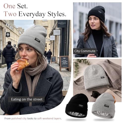Image of 2 Pack Satin Lined Beanies for Men and Women Warm Cuffed Winter Hats