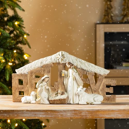 Image of Glitzhome Holy Family Nativity Scene Set Indoor 8 inch H, Gold Ivory Believe Manger Nativity Set for Christmas Decorations, Christian Religious Nativity Sets & Figures Xmas Home Mantel Fireplace