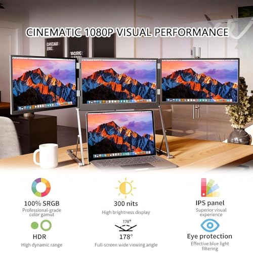 Image of Laptop Screen Extender - 15.6 inch Ultra-Thin Triple Portable Monitor 1080P FHD IPS Attachment Screen Compatible with Wins Mac，3Kg Lightest，with 360 Rotation Acjustable