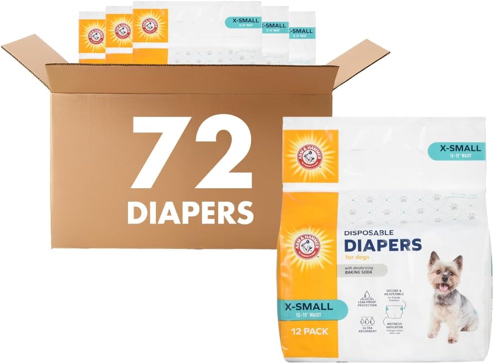 Arm & Hammer Disposable Female Dog Diapers, X-Small, 12 Count, 6-Pack