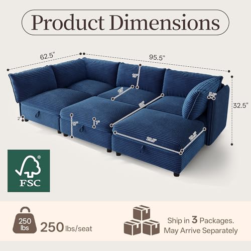 Image of Oversized Corduroy Modular Sectional Sofa Bed with Hidden Storage, Convertible L U Sleeper Couch, 6-Seat Modular Sofa Free Combination with Ottoman & Removable Covers for Living Room, Blue