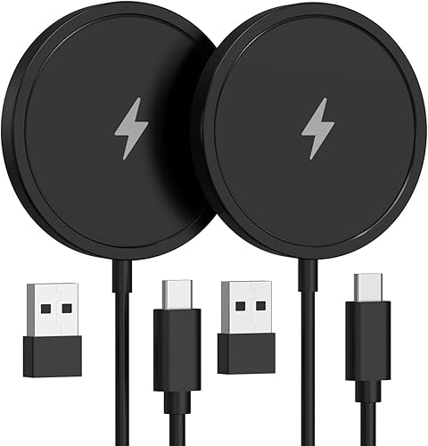 Cargador inalámbrico magnético para iPhone, cargador rápido Mag seguro de 15 W, paquete de 2 almohadillas de carga compatibles con iPhone Negro