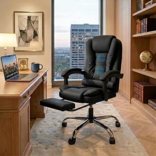 Image of Casa Copenhagen Italia Leatherette Office Chair for Work | Boss Chair, Ergonomic Executive, Luxurious Cushioned Arms & Seat, 2 Point Back Massager, Adjustable Leg Rest, Heavy Duty Metal Base (Black)