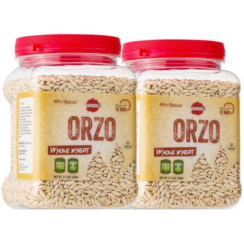 Baron’s Whole Wheat Orzo Pasta | 100% Natural Israeli Rice-Shaped Orzo for Soups, Casseroles & Salads | Cooks in 10 Minutes! | Kosher | 2 Pack 21.16oz Jars