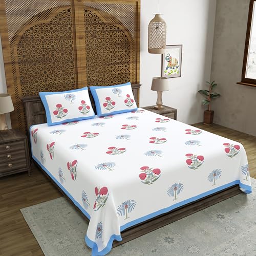 Image of BLOCKS OF INDIA Hand Block Printed 200 TC Cotton King Size Bedsheet (Open Blue Motifs)