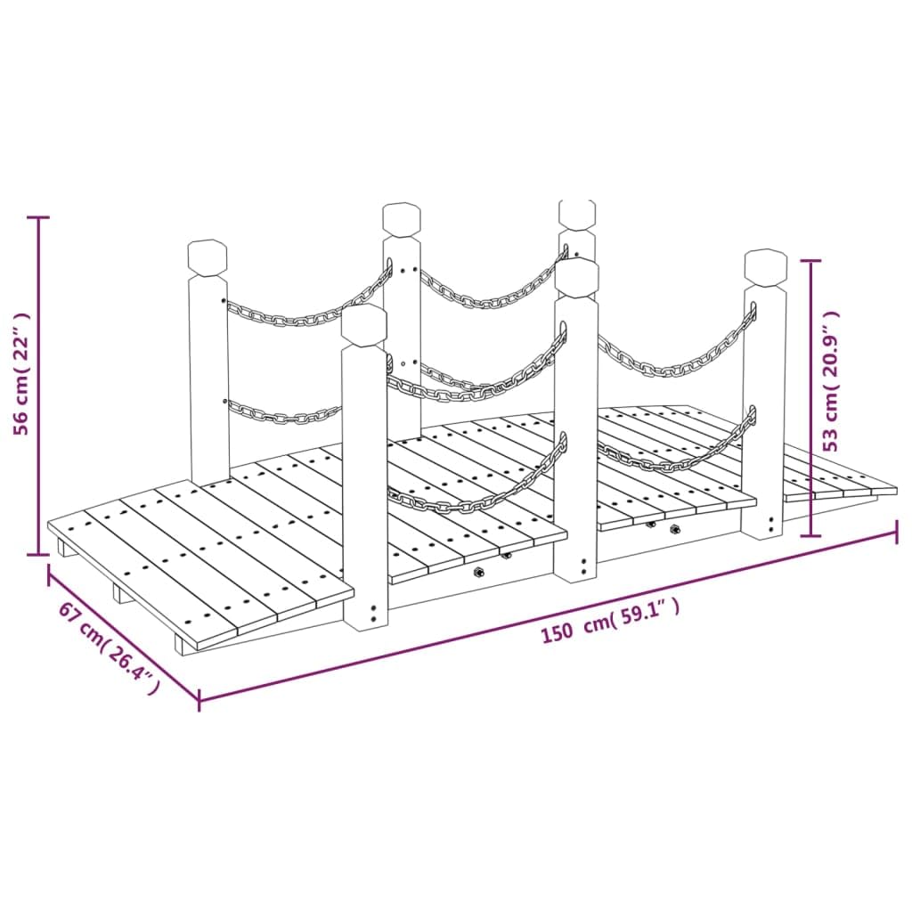 Most ogrodowy z litego drewna świerkowego, 150 x 67 x 56 cm, z balustradą łańcuchową i poręczą, stabilny most drewniany jako most do stawu i potoku, do ogrodu, na taras, podwórko i jako