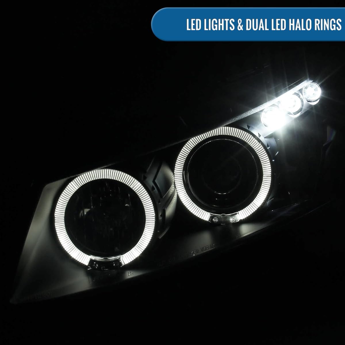 Ronnin - Fits 2008-2012 Honda Accord 2Dr Coupe LED Dual Halo Rims Running Lights Projector Headlights Assembly Pair | Black
