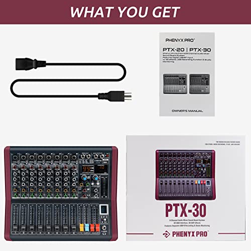 Professional Dj Audio Mixer, Phenyx Pro Sound Mixer, 8-Channel Sound Board Mixer Audio W/Usb Audio Interface, Usb-B Recording, Bt Function, 99 Dsp Effects, 3-Band Eq, For Studio, Stage (Ptx-30) #TOP5