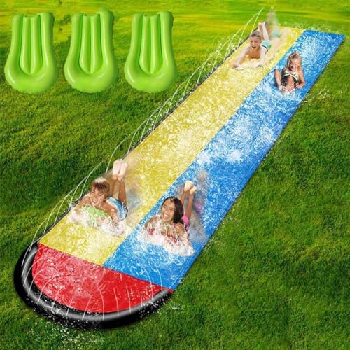 6.1m/20ft Super Long Water Slide for Kids Giant Lawn Children Double Water Slide with Three Inflatable Boards Best Gift for Kids Summer Swimming Pool Game Outdoor Toy