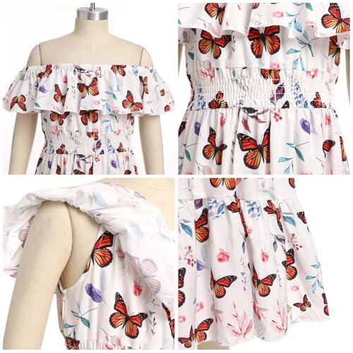 Floral Butterfly Off Shoulder Girl Dress Ruffle Smocked Waist Back to School Outfits Teen Birthday Maxi Swing Sundress3