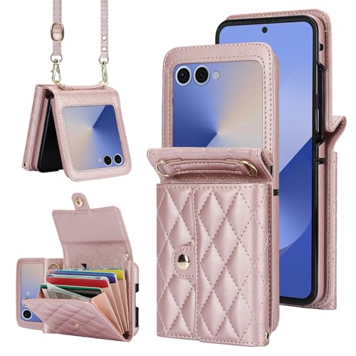Étui portefeuille Z Flip 7 or rose avec bandoulière accordéon et blocage RFID