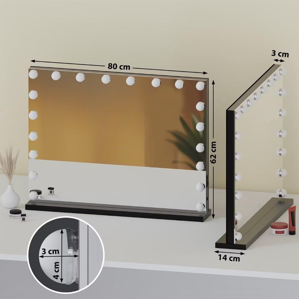 SensaHome Vanity Mirror Pro – Specchio Trucco Hollywood con 15 LED Dimmerabili – 3 Modalità di Illuminazione – 80x60 cm – Nero