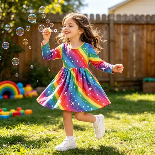 Image of Tkria Toddler Girls Rainbow Dress Striped Fall Dress Cartoon Colourful Long Sleeve Casual Dressy 2-7T