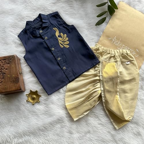 Image of Picksparrow Baby Boy Cotton Silk-Tissue Kasavu Cotton Shirt with Dhoti pant (Peacock-Sleeveless)