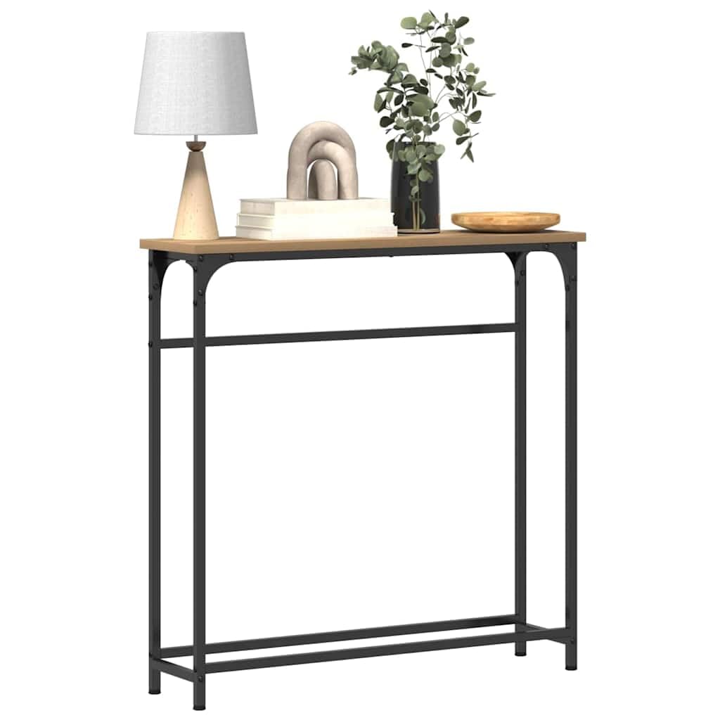 Stolik konsolowy z dębu Artisan, 75 x 19,5 x 75 cm, wąski stolik pomocniczy z czarną ramą stalową, trwały materiał drewnopochodny do salonu, przedpokoju lub sypialni