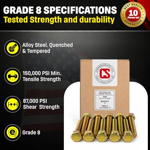 Image of Chenango Supply 5 /8-11 x 2 Grade 8 Hex Head Cap Screws | Alloy Steel Hex Bolts, 150,000 PSI Tensile Strength, Yellow Zinc Chromate Finish, USS Coarse Thread Fasteners (10 Pack)