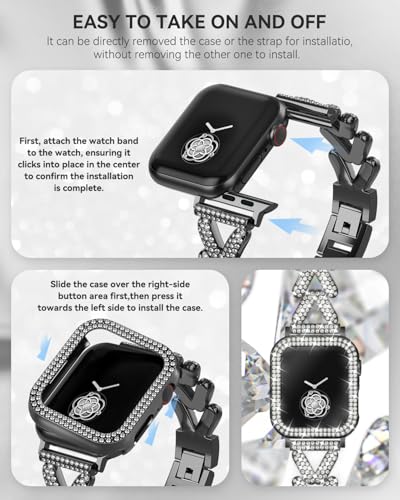 Image of Rhinestones Encrusted Metal Bracelet and Case, Compatible with Apple Watch Bands 38mm-49mm (Series 11 /1 /SE /Ultra 2)- Bling Gold Women's Jewelry Strap, Luxury iWatch Bracelet with Screen Protector