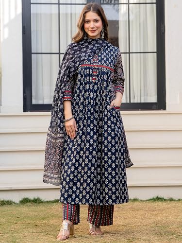 Image of Amayra Women's Pure Cotton Printed A-Line Kurta Set with Palazzo Pants & Dupatta- Ethnic Wear