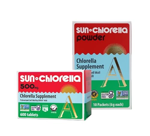 Sun Chlorella Twice As Nice Bundle 2Ct 500Mg Whole Body Wellness Green Algae Superfood Supplement 600 Tablets Plus Powder Green Algae Superfood Supplement 10X6G Packets #TOP30