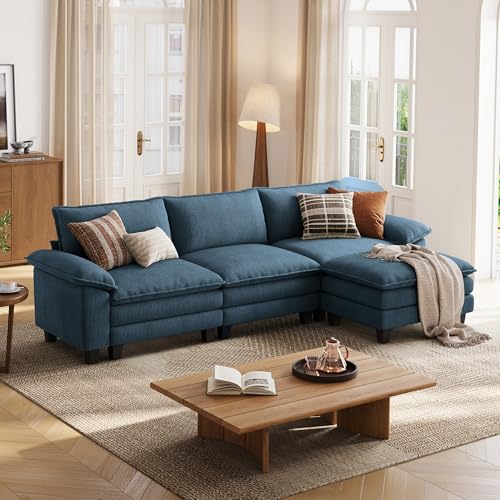 LINSY HOME 123'' Modular Sectional Sofa Blue Couch Corduroy Cloud...
