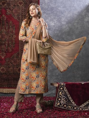 Image of GoSriKi Women's Cotton Blend Printed Straight Kurta and Pant with Dupatta Set