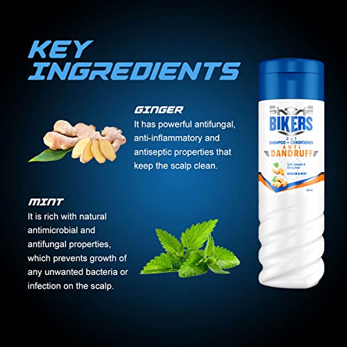 Biker's 2-in-1 Anti Dandruff Shampoo + Conditioner, Enriched with Ginger and Mint for Soft Smooth Shiny and Conditioned Hair, Shampoo for Men, 340 ml, White 5