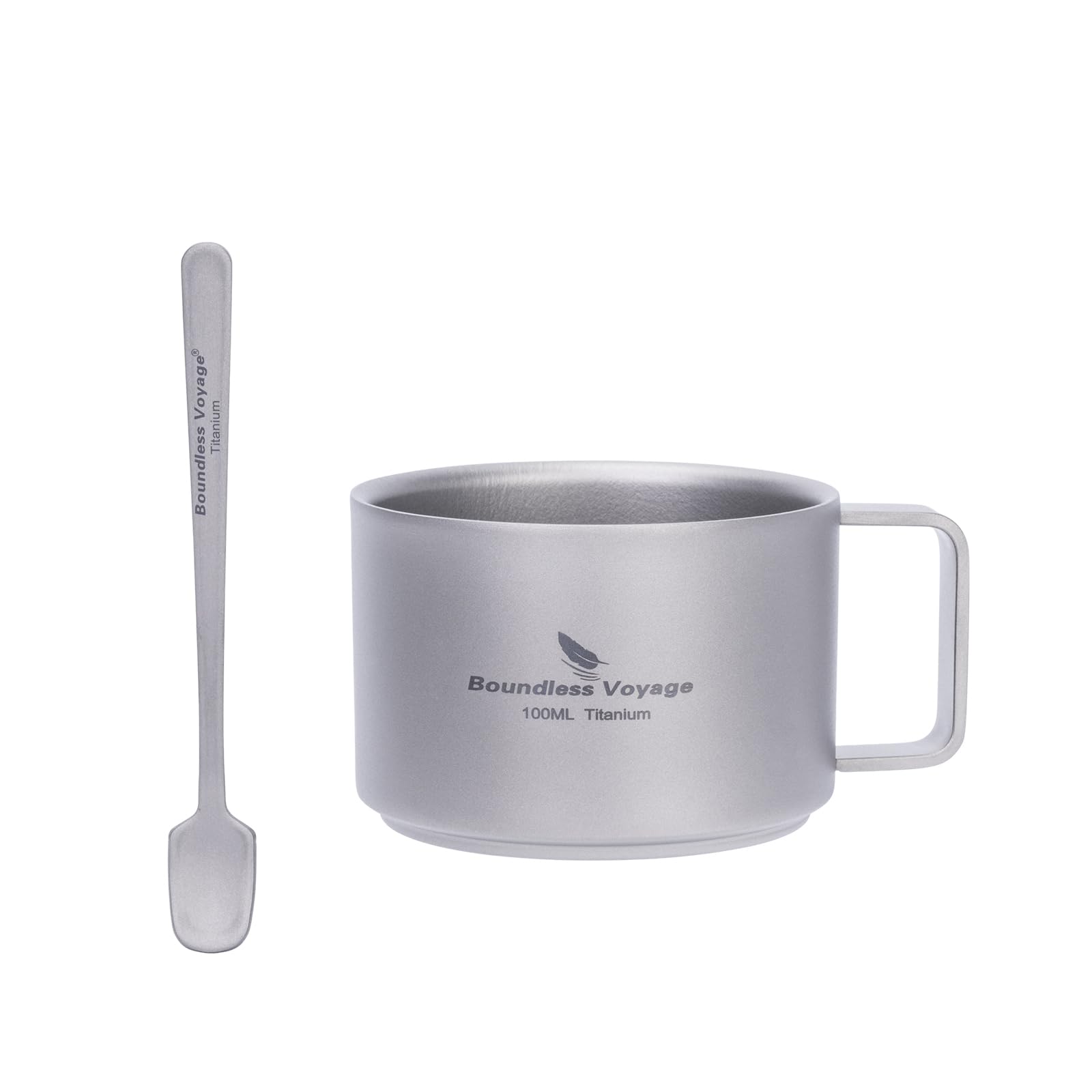 iBasingo 100ml Titanium Espresso Cup with Stirring Spoon Mini Double Wall Coffee Tea Mug Outdoor Camping Travel Durable Portable Metal Drinkware, Dishwasher Safe (Titanium Color Ti3085D+Ti1133T)