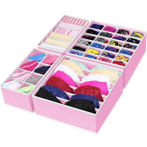 Image of Simple Houseware 4-Pack Drawer Organizer Set - Closet Dividers for Underwear, Socks, Bras, Scarves, Ties - Foldable Non-Woven Storage Boxes, Pink