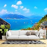 Murales de pared de tamaño personalizado, estructuras de madera de montaña marina turquesa costera, tela autoadhesiva (sin PVC), papel tapiz fotográfico grande extraíble para sala de estar, dormitorio