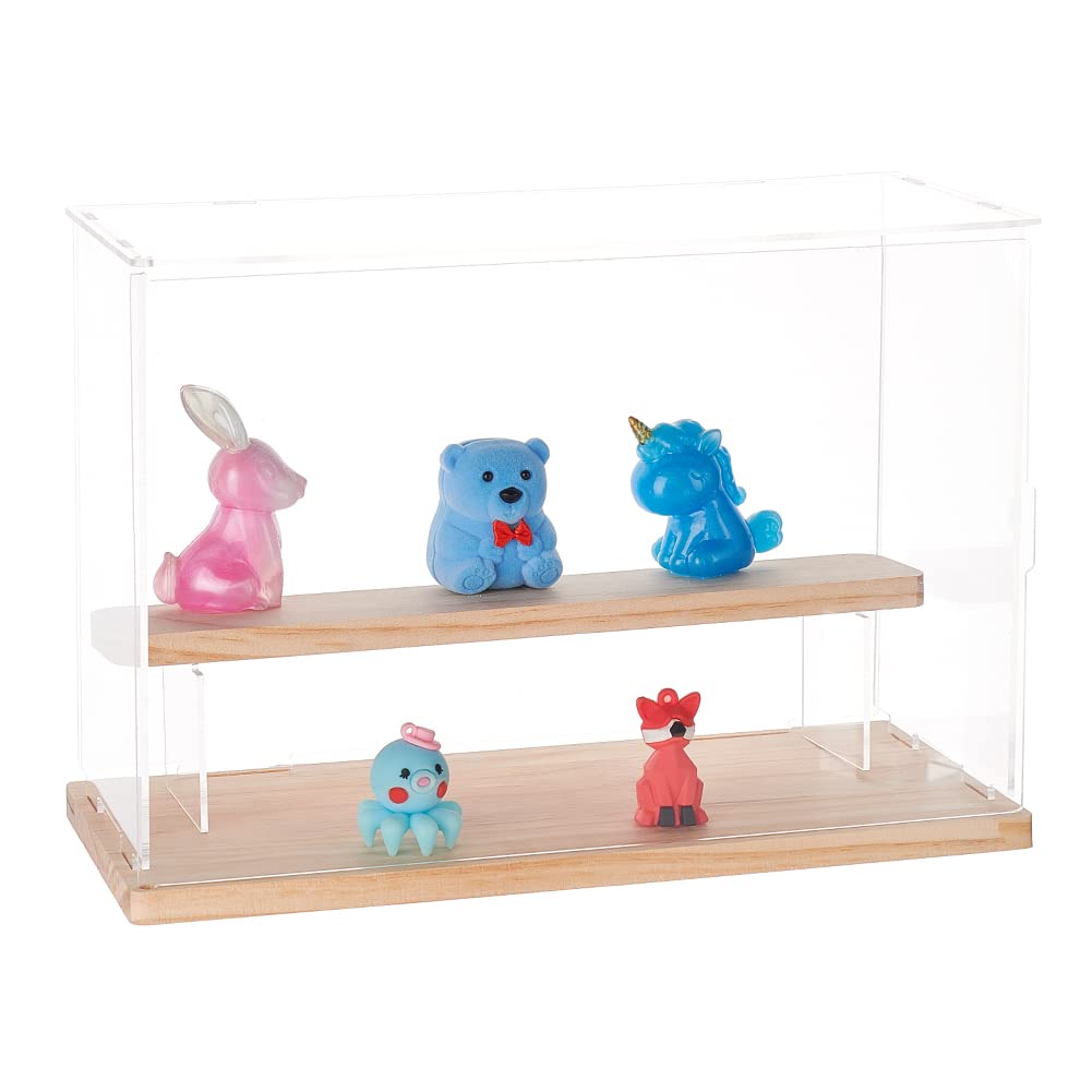 FINGERINSPIRE2-Tier Clear Acrylic Display Case for Collectibles 12.6x4.7x8.3 inch Assemble Acrylic Box with Wood Base, Countertop Dustproof Showcase Box for Mini Figures, Doll, Action Figures