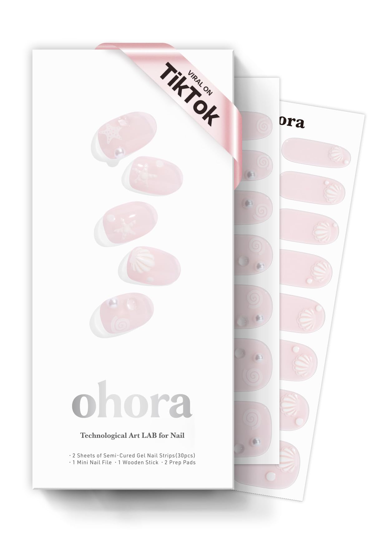 ohora Semi Cured Gel Nail Strips (N Seashell Love) - Works with Any Nail Lamps, Salon-Quality, Long Lasting, Easy to Apply & Remove - Includes 2 Prep