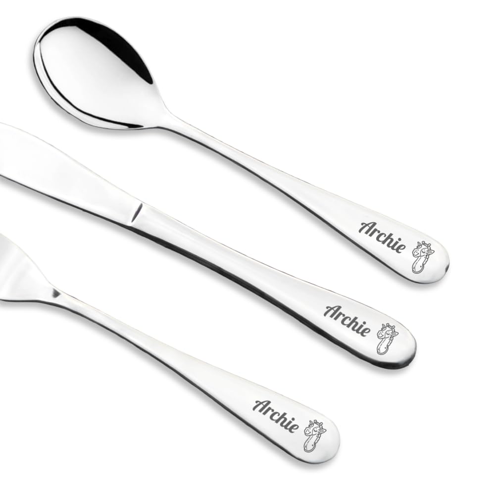 Personalised Engraved Childrens Cutlery Set Christening Birthday Kids Gift Idea (Giraffe 2)