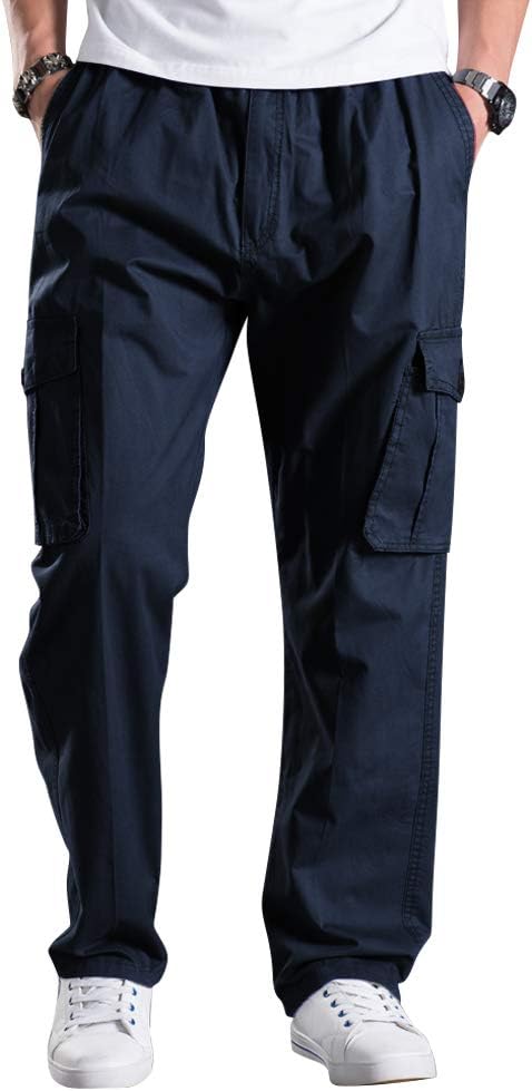 Men's Boys Full Elastic Waist Casual Cargo Pants Relaxed Fit Lightweight Pull On Workwear Pant