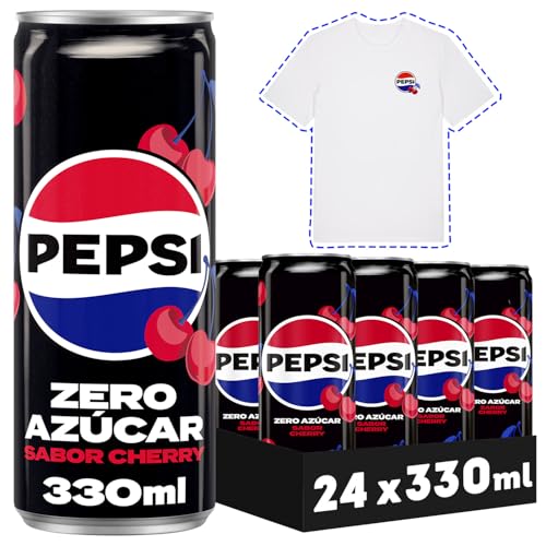 PEPSI zero Cherry Refresco de cola con cero azúcar y cero calorías, pack de 24 latas de 330 ml, 7.92 litros en total, Incluye camiseta de Regalo