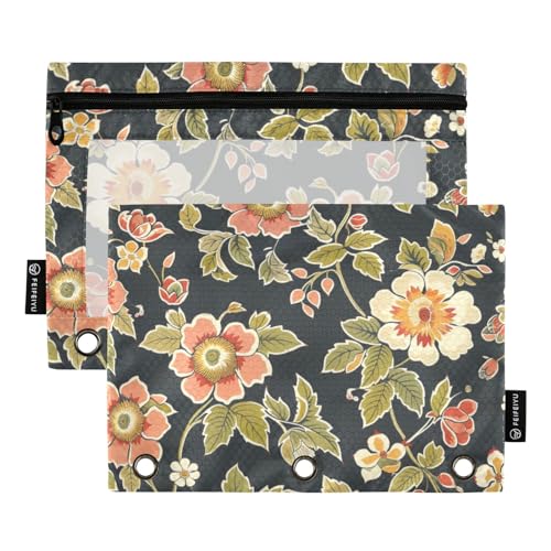 Astuccio per raccoglitori a 3 anelli astuccio vintage con fiori e per cosmetici con cerniera trasparente per ufficio viaggi confezione da 2 Fiore vintage. one sizex2
