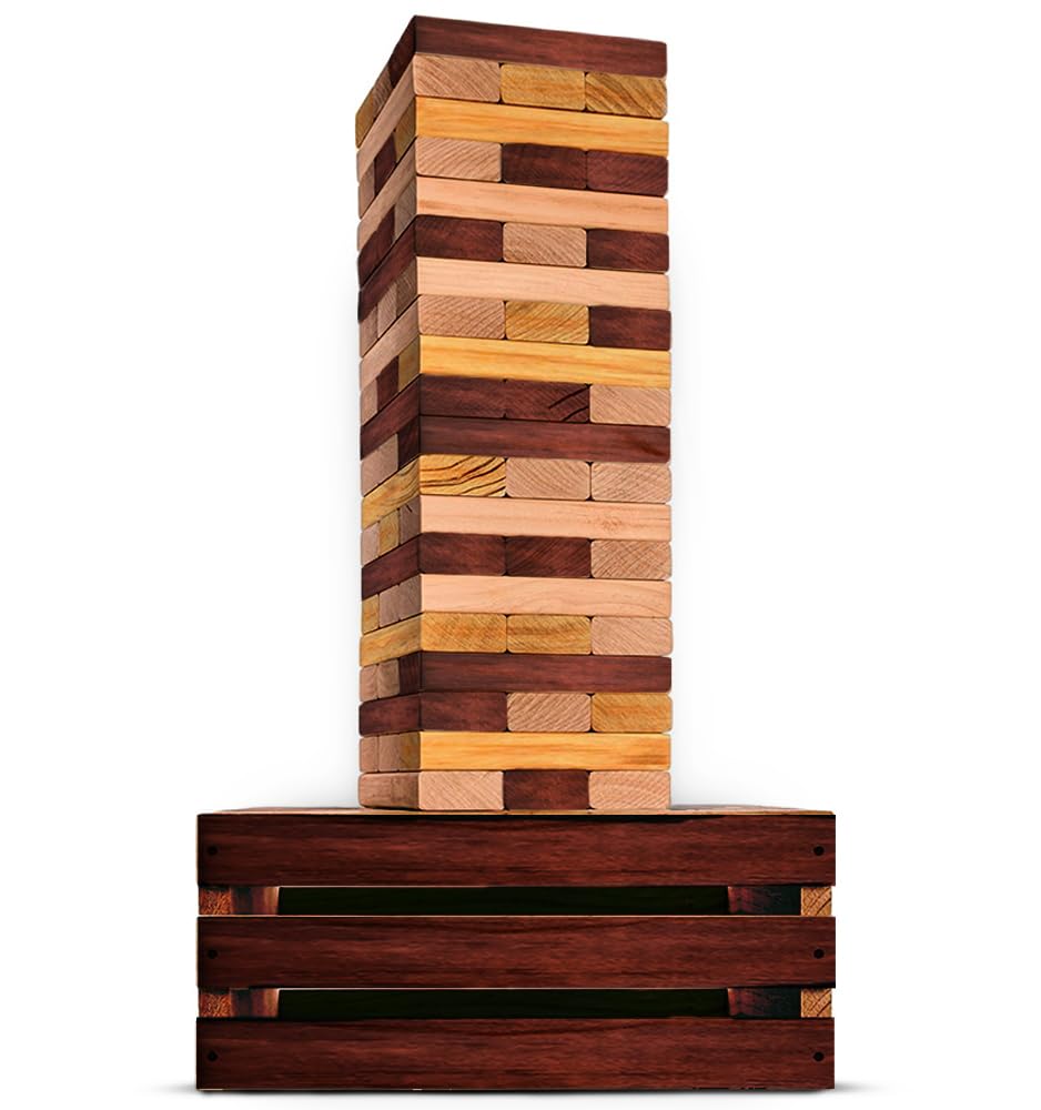 SWOOCGames - Reclaimed Giant Tower Game (Weather Resistant) 60 Blocks + Storage Crate/Outdoor Game Table | Stacks up to 5ft | Giant Outdoor Tower for Adults | Large Yard Activity | Jumbo Lawn Fun