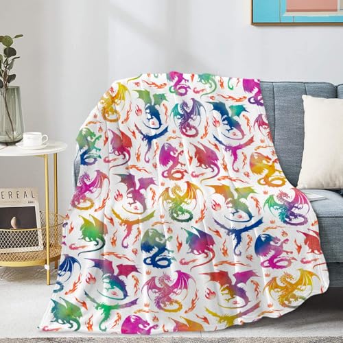 JOCASA Dragon Fire Blanket Gifts Colorful Gradient Pattern Blankets Flannel Lightweight Soft Cozy Blankets Throws Bedding Couch Sofa Bedroom Kids Adults Girls Boys 90