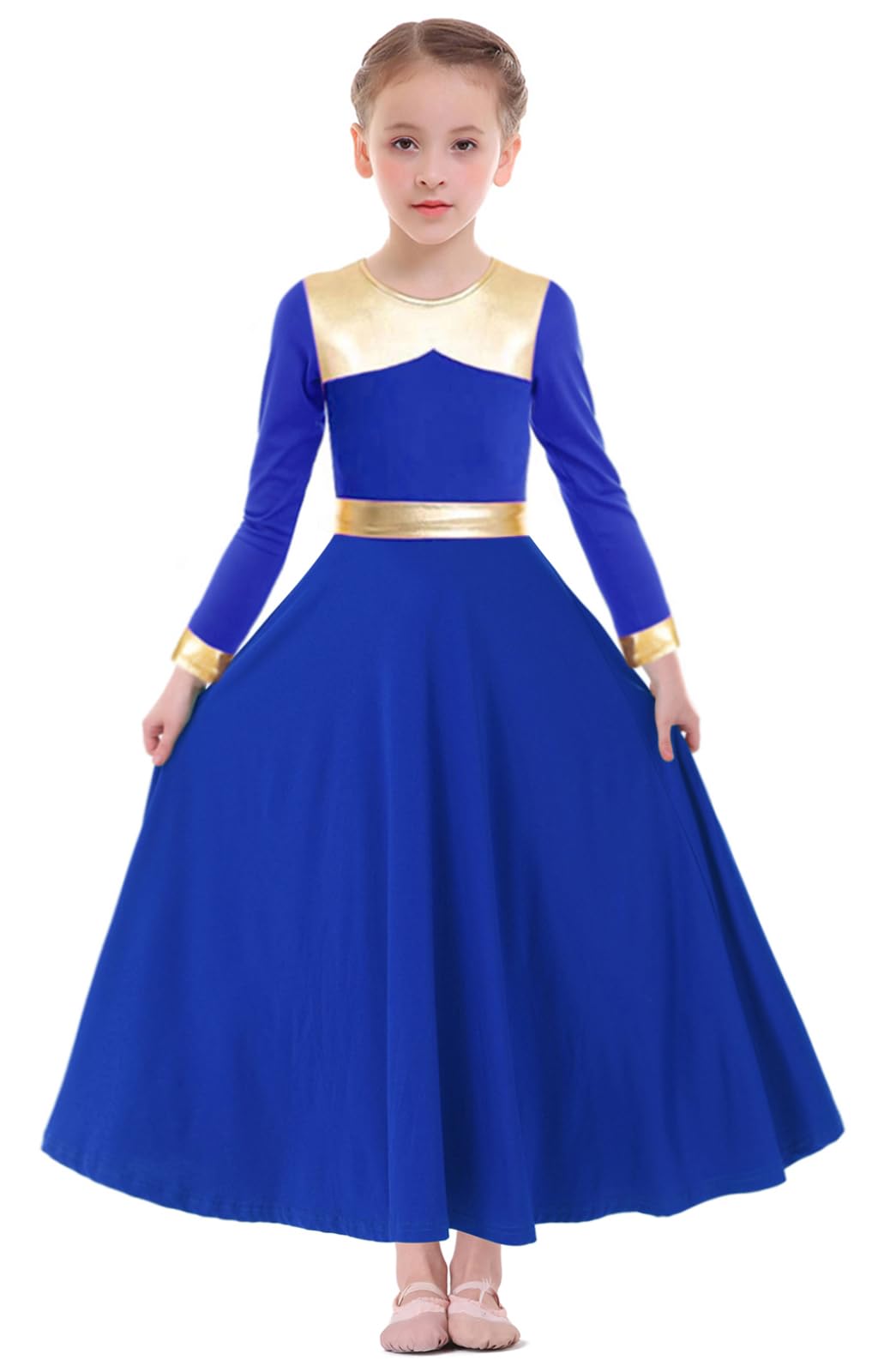 Z&X Girls Praise Dance Outfits Metallic Gold Liturgical Worship Church Robe Full Length Swing Skirt Costume