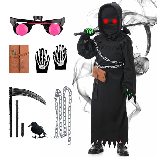 MOMOSTAR Costume Faucheuse Enfant, Halloween Faucheuse Déguisement Enfant avec Faux, Lunettes Lumineuses, Gants, Ceinture, Chaîne, Notebook et Accessoires Raven, Deguisement Halloween Garcon (M)