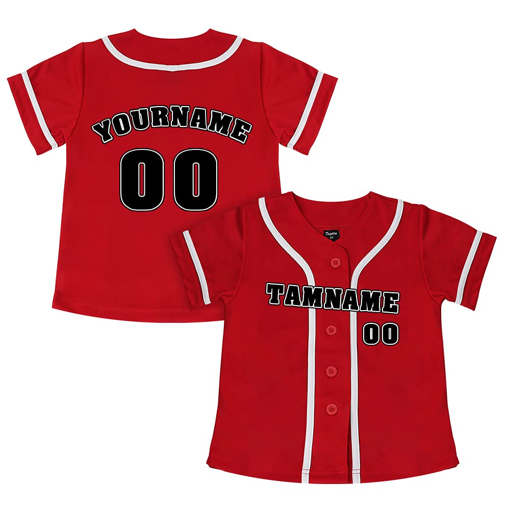 TopTie Custom Design Boys Baseball Jersey, Kids Jersey Button Down-Red White-2T