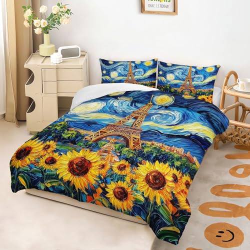 Image of AILONEN Eiffel Tower Floral Queen Comforter Set,Oil Van Gogh Sunflower Printed Bedding Sets,3 Pieces Starry Night Flower Quilt with 2 Pillowcase,Soft Breathable