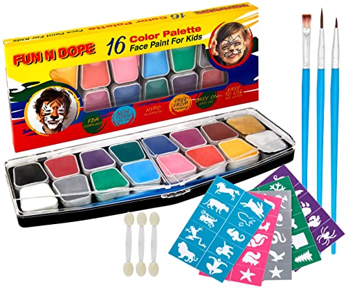 Face Paint Kit for Kids and Adults - Face Painting Kit with Stencils, 14 Water Based Paints, 2 Glitters - Halloween Makeup Kit, Non Toxic Safe Professional Face Paint Palette, 30 Face Paint Stencils