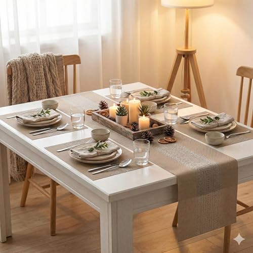 Image of YELONA Placemats and Table Runner Set - Heat Resistant, Non-Slip & Washable PVC Vinyl Dining Table Mats - Peanut Brown (4 Placemats: 45x30 cm, 1 Runner: 180x30 cm)