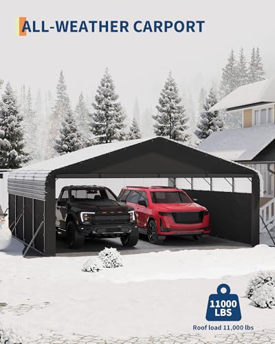 Image of Garvee 20'X20'X10' Metal Carport for 2 Cars, Enclosed Car Ports with Heavy Duty Steel Frame and 220 g Tarp, All-Weather Carport for Full-Size Pickup Trucks, Bass Boats, and Tractors