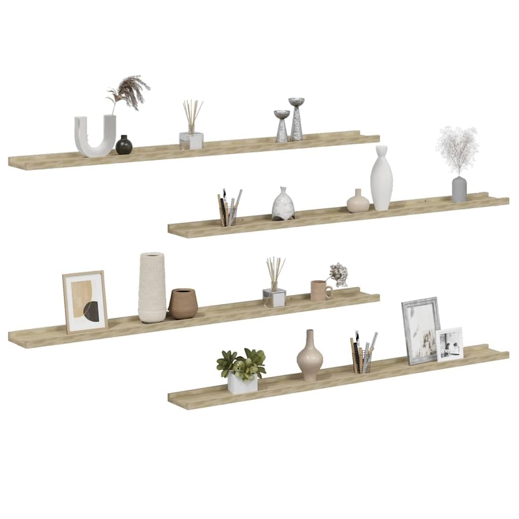 Estantería de pared, 4 unidades, roble Sonoma, MDF, 115 x 9 x 3 cm, para salón, dormitorio, cocina, pasillo, baño, estudio, ahorro de espacio para almacenamiento y decoración